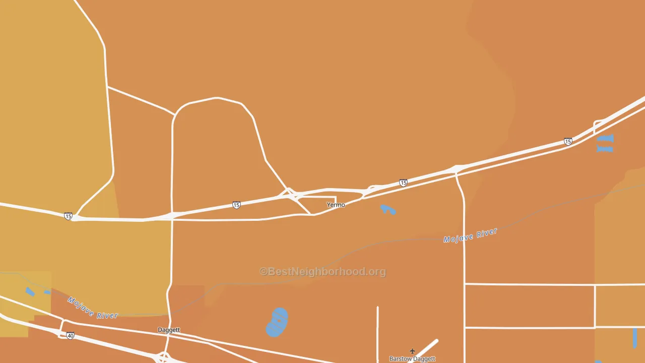Map of the best neighborhoods in the Yermo area, with better matches in green and worse matches in red