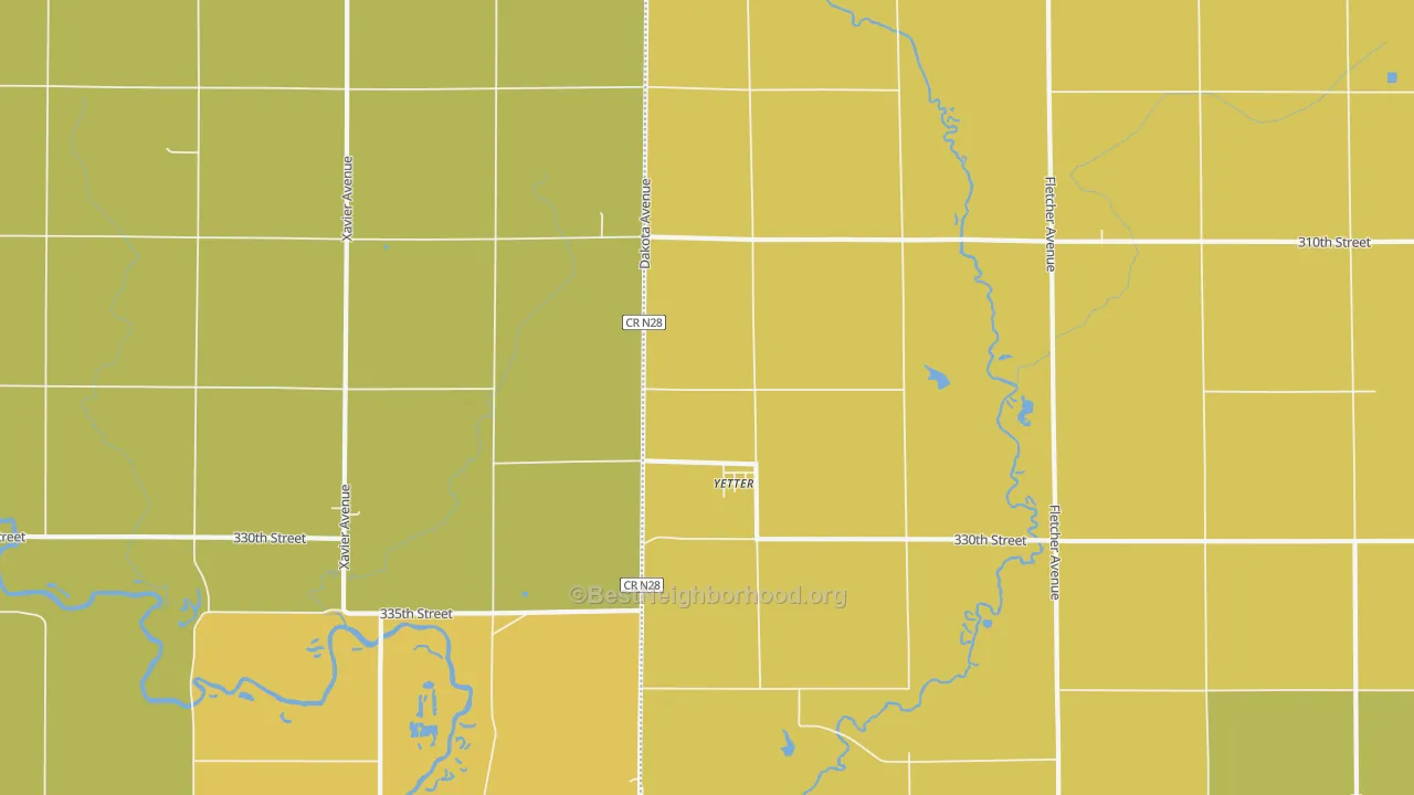 Map of the best neighborhoods in the Yetter area, with better matches in green and worse matches in red