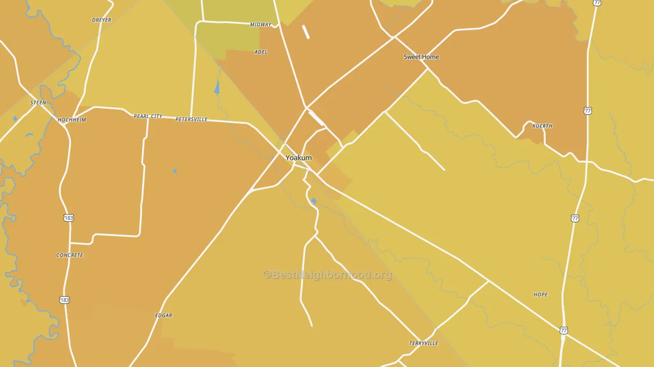 Map of the best neighborhoods in the Yoakum area, with better matches in green and worse matches in red