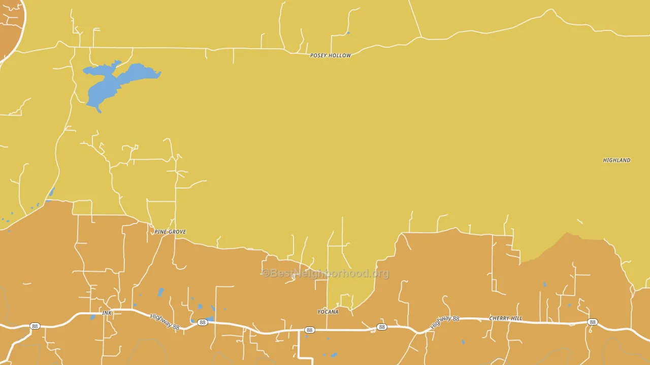 Map of the best neighborhoods in the Yocana area, with better matches in green and worse matches in red