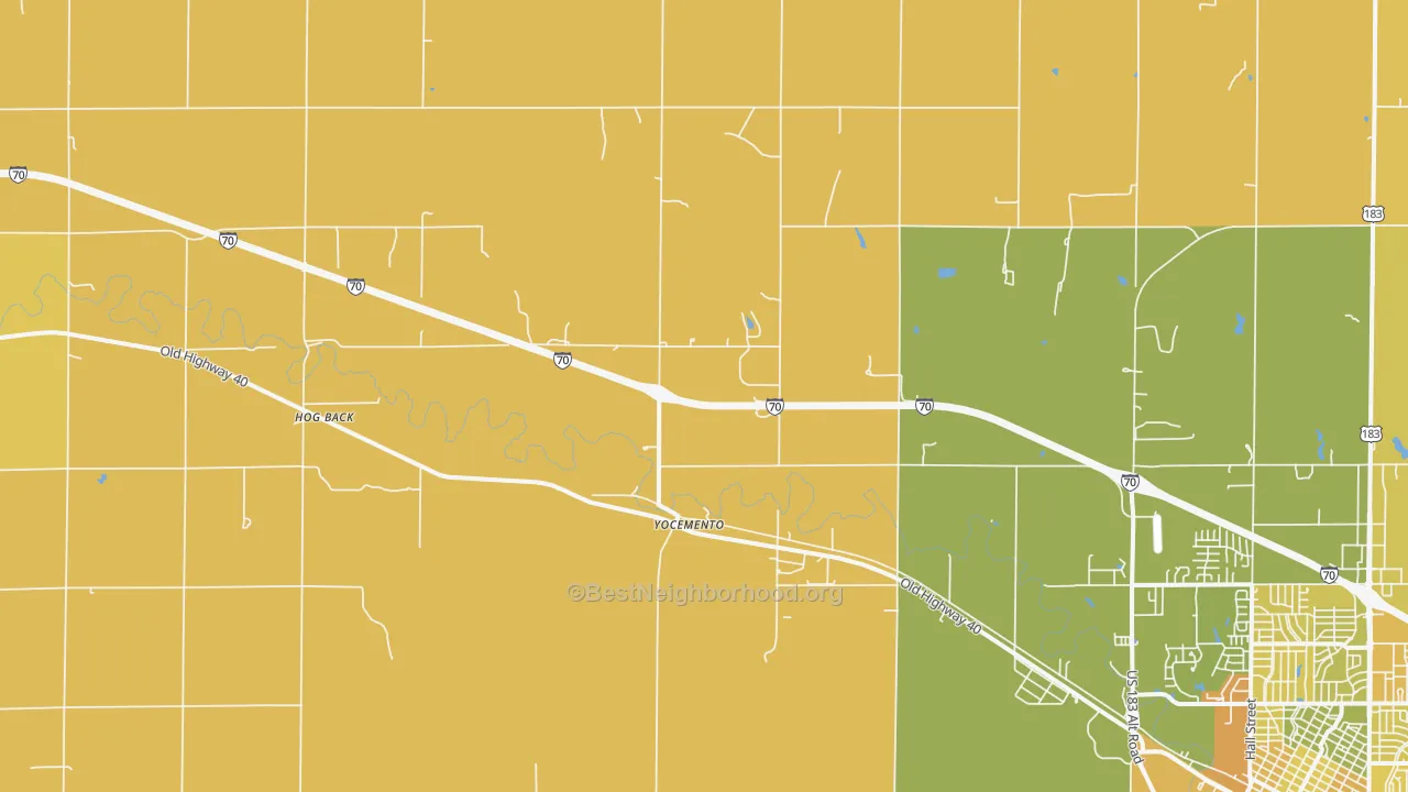 Map of the best neighborhoods in the Yocemento area, with better matches in green and worse matches in red