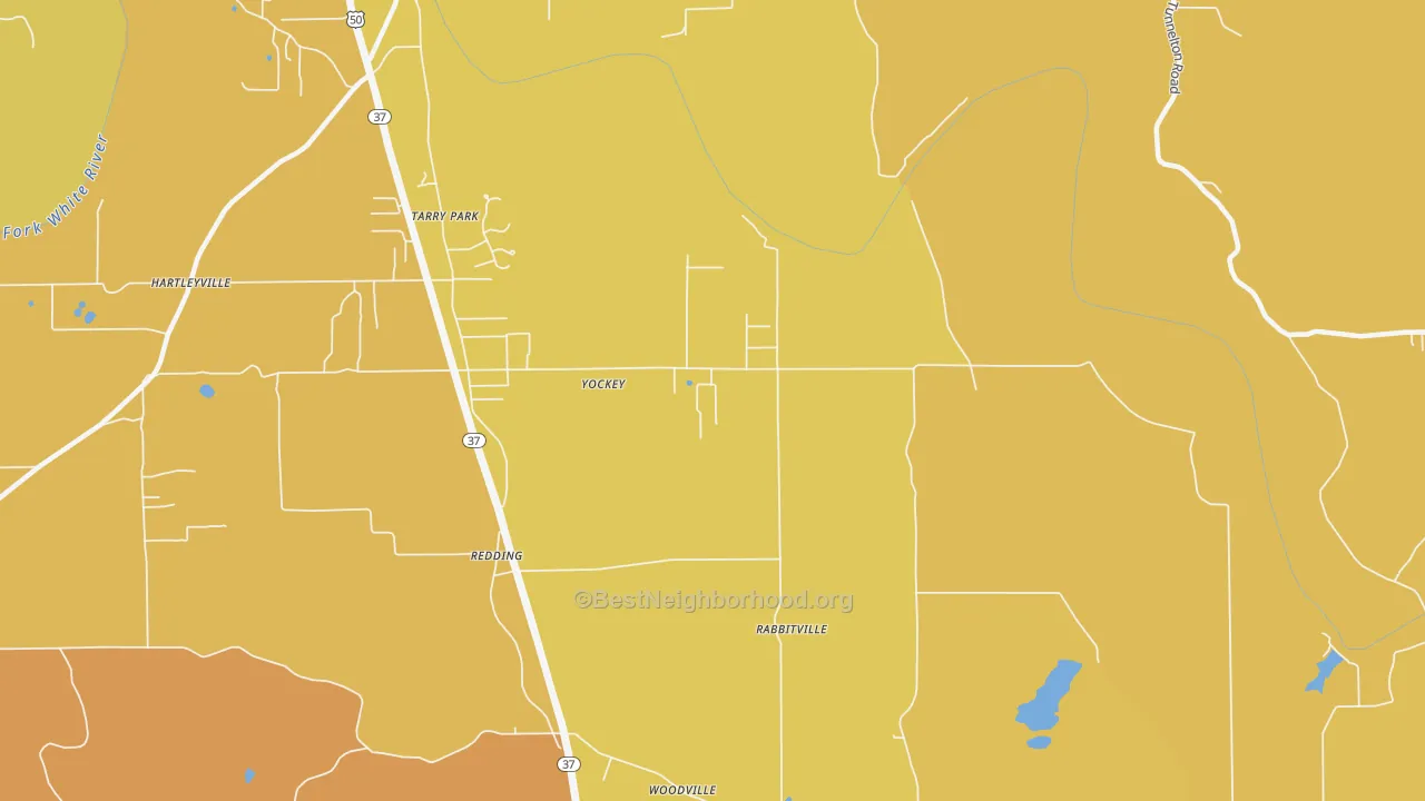 Map of the best neighborhoods in the Yockey area, with better matches in green and worse matches in red