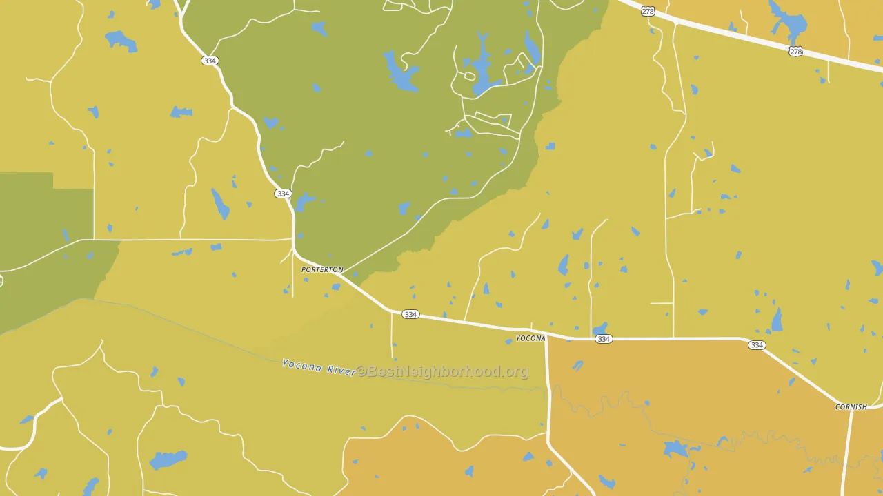 Map of the best neighborhoods in the Yocona area, with better matches in green and worse matches in red