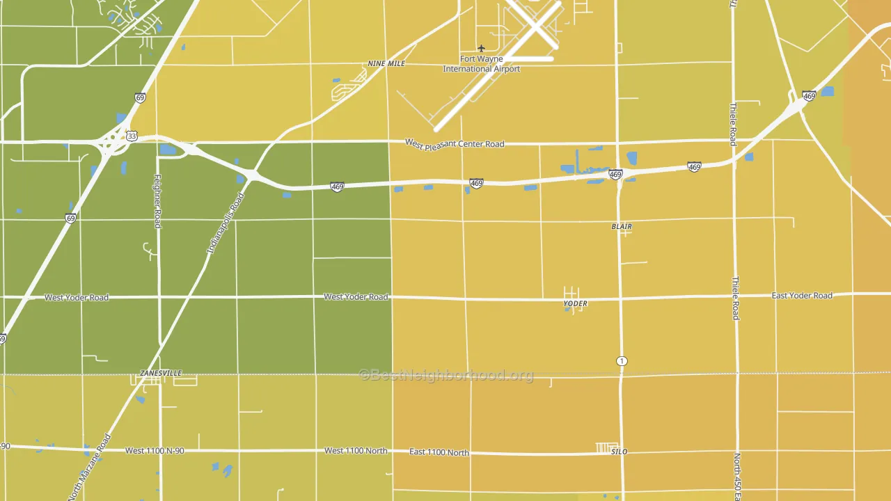 Map of the best neighborhoods in the Yoder area, with better matches in green and worse matches in red