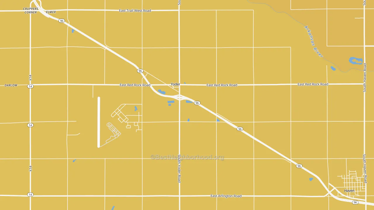 Map of the best neighborhoods in the Yoder area, with better matches in green and worse matches in red