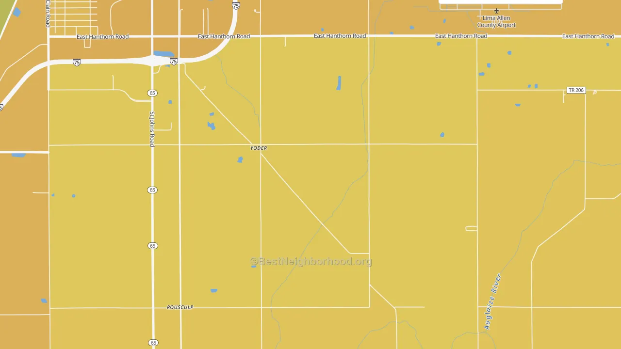 Map of the best neighborhoods in the Yoder area, with better matches in green and worse matches in red