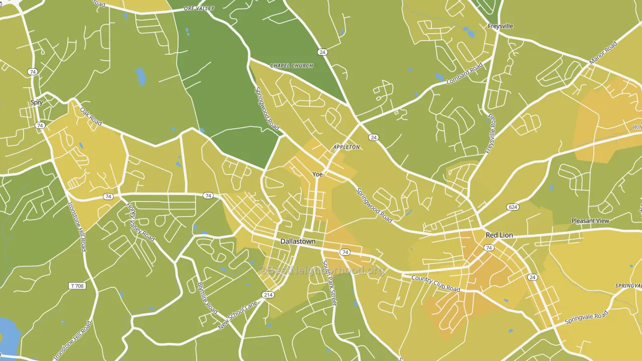 Map of the best neighborhoods in the Yoe area, with better matches in green and worse matches in red