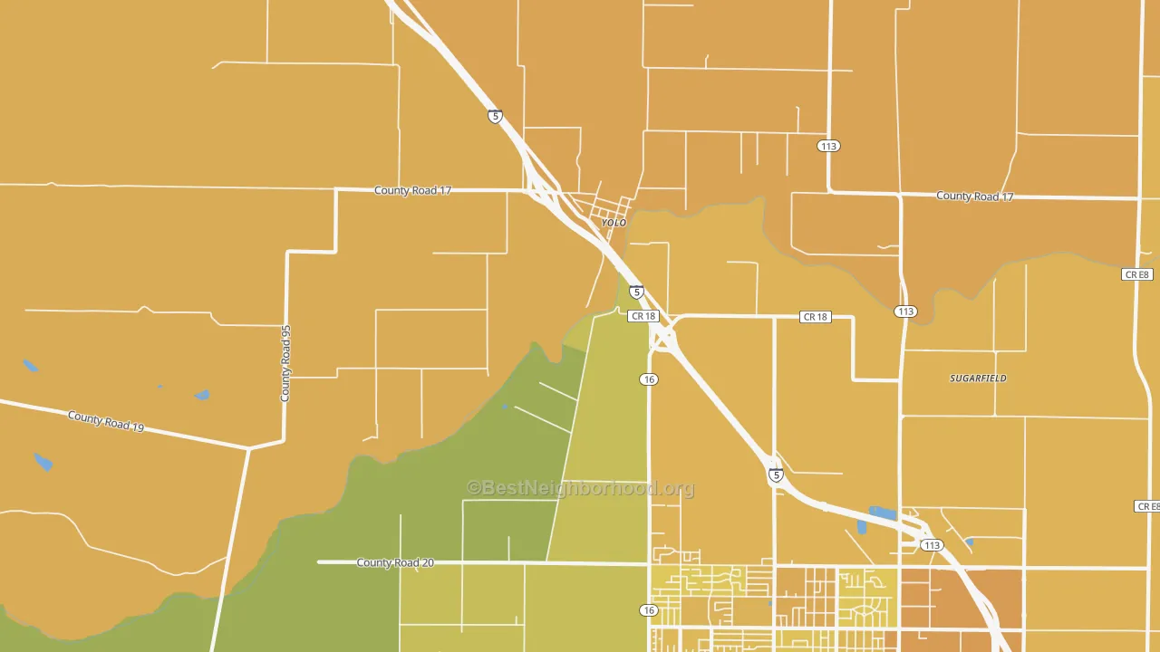 Map of the best neighborhoods in the Yolo area, with better matches in green and worse matches in red