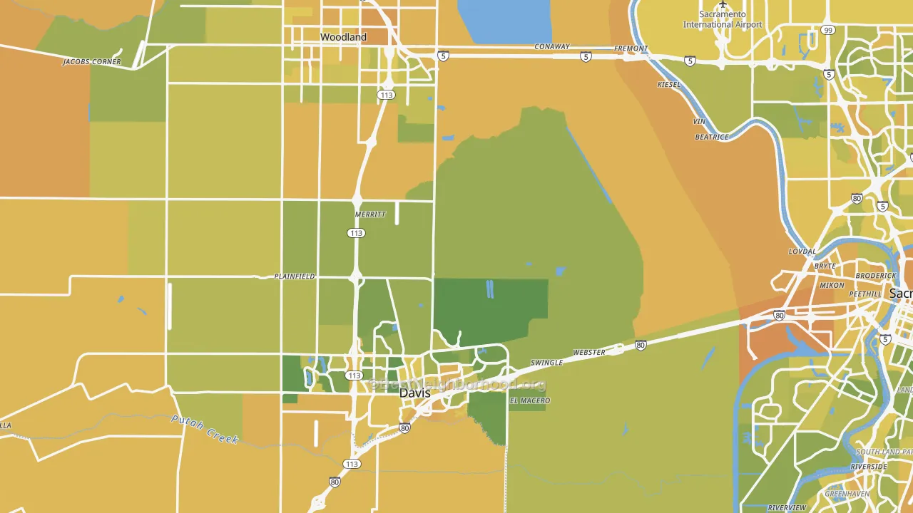 Map of the best neighborhoods in the Yolo County area, with better matches in green and worse matches in red