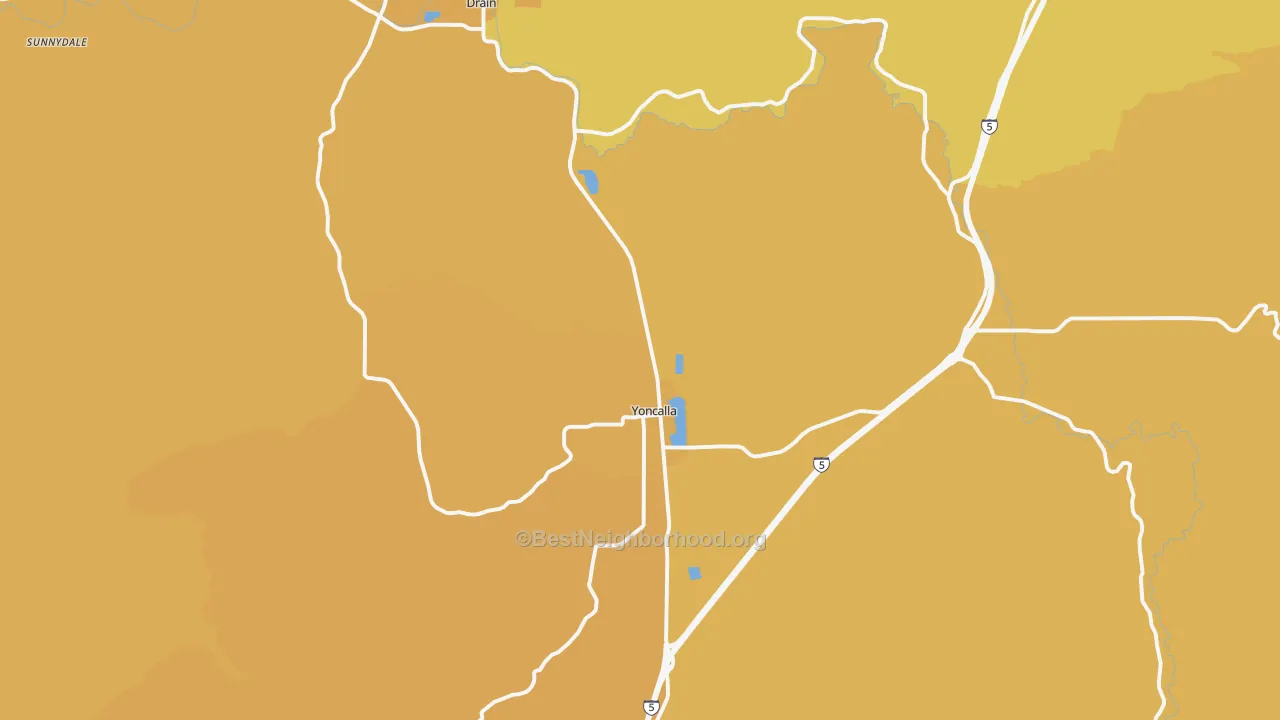 Map of the best neighborhoods in the Yoncalla area, with better matches in green and worse matches in red