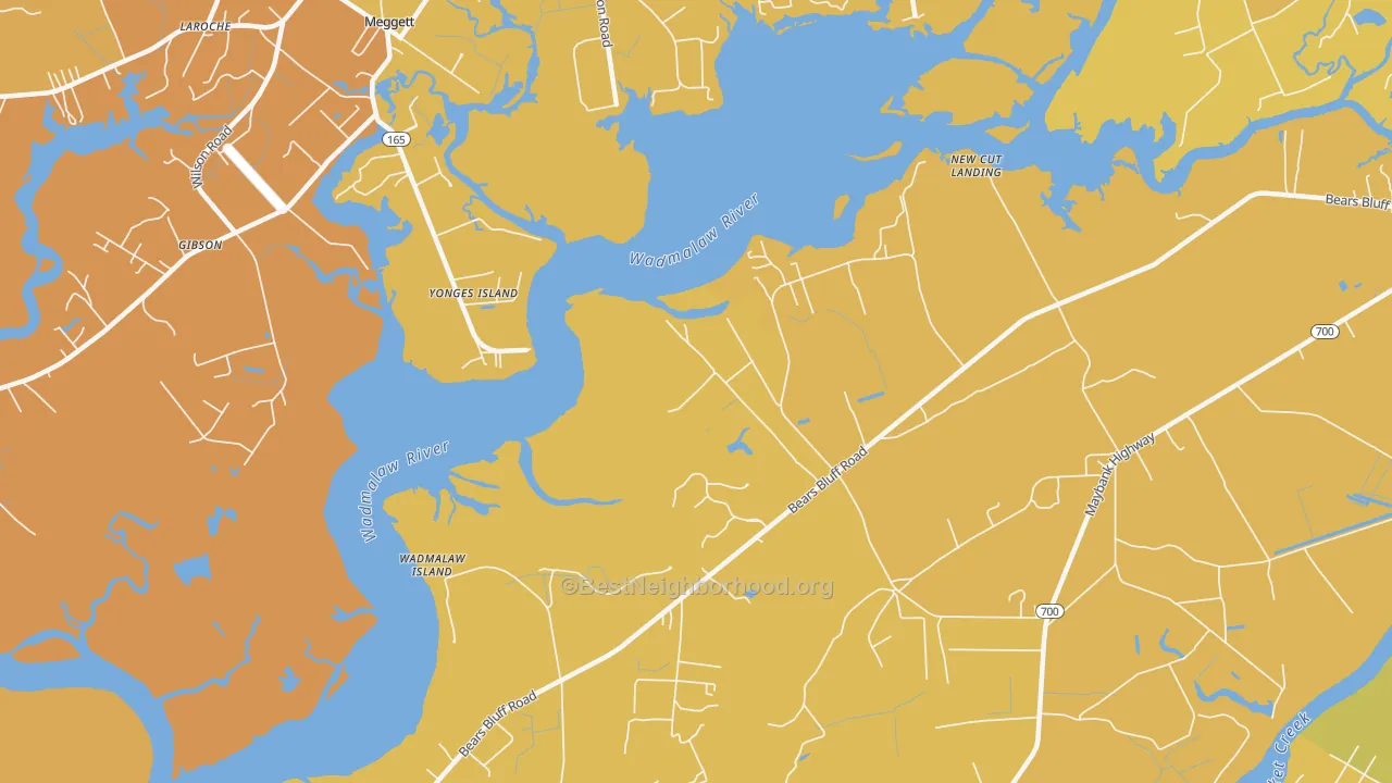Map of the best neighborhoods in the Yonges Island area, with better matches in green and worse matches in red