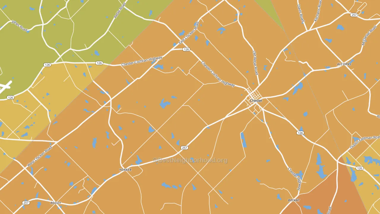 Map of the best neighborhoods in the Yonkers area, with better matches in green and worse matches in red