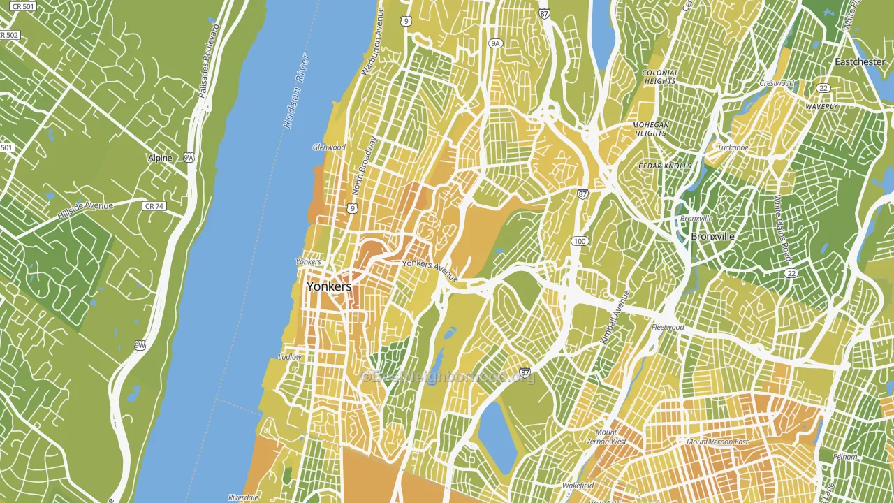 Map of the best neighborhoods in the Yonkers area, with better matches in green and worse matches in red