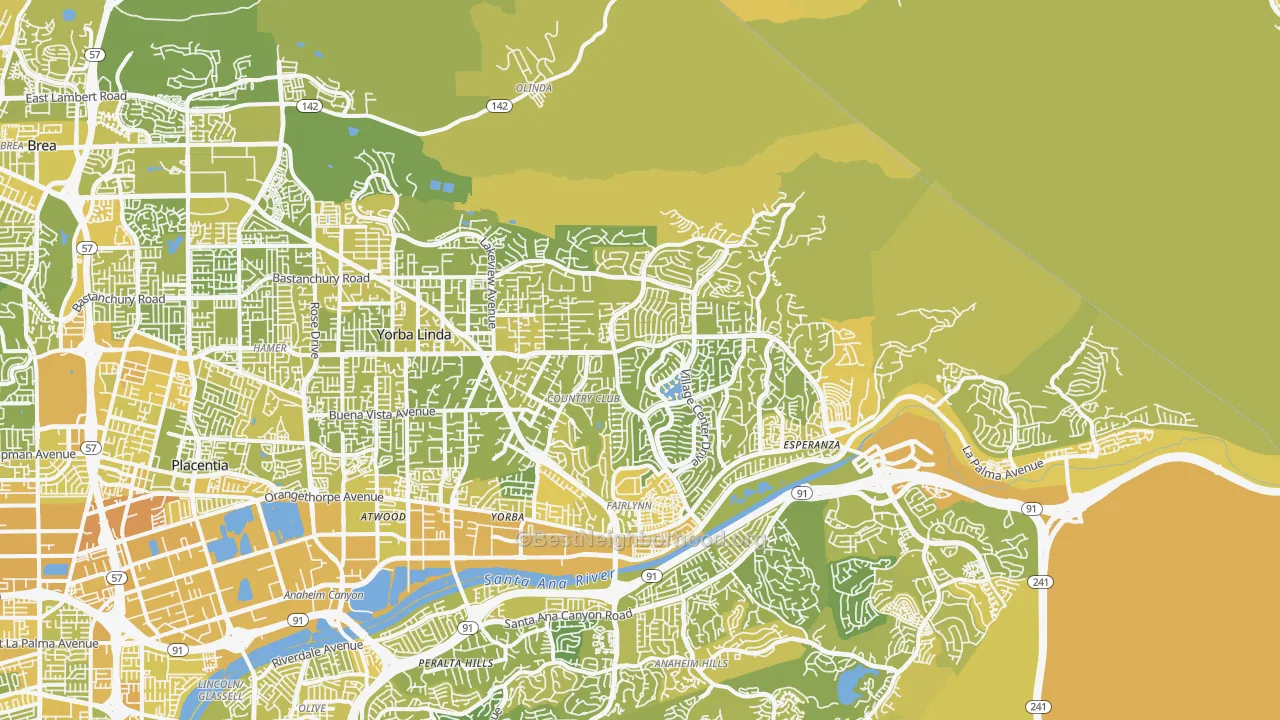 Map of the best neighborhoods in the Yorba Linda area, with better matches in green and worse matches in red