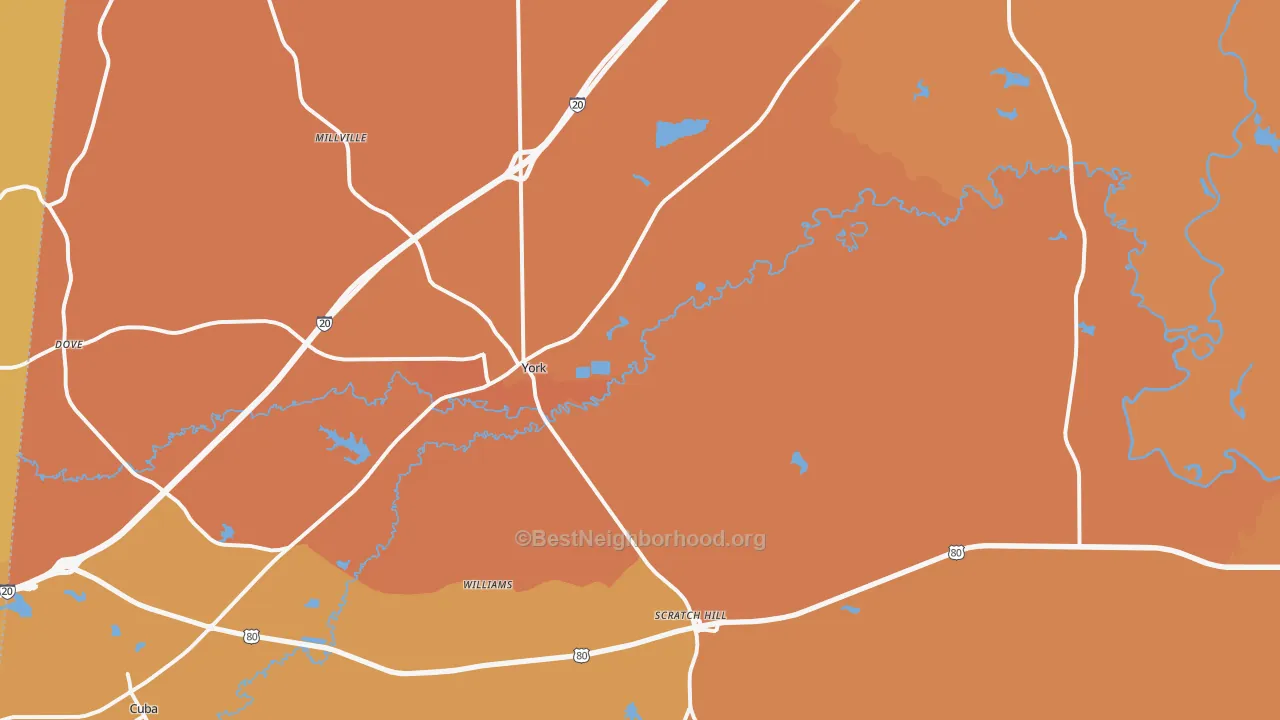 Map of the best neighborhoods in the York area, with better matches in green and worse matches in red