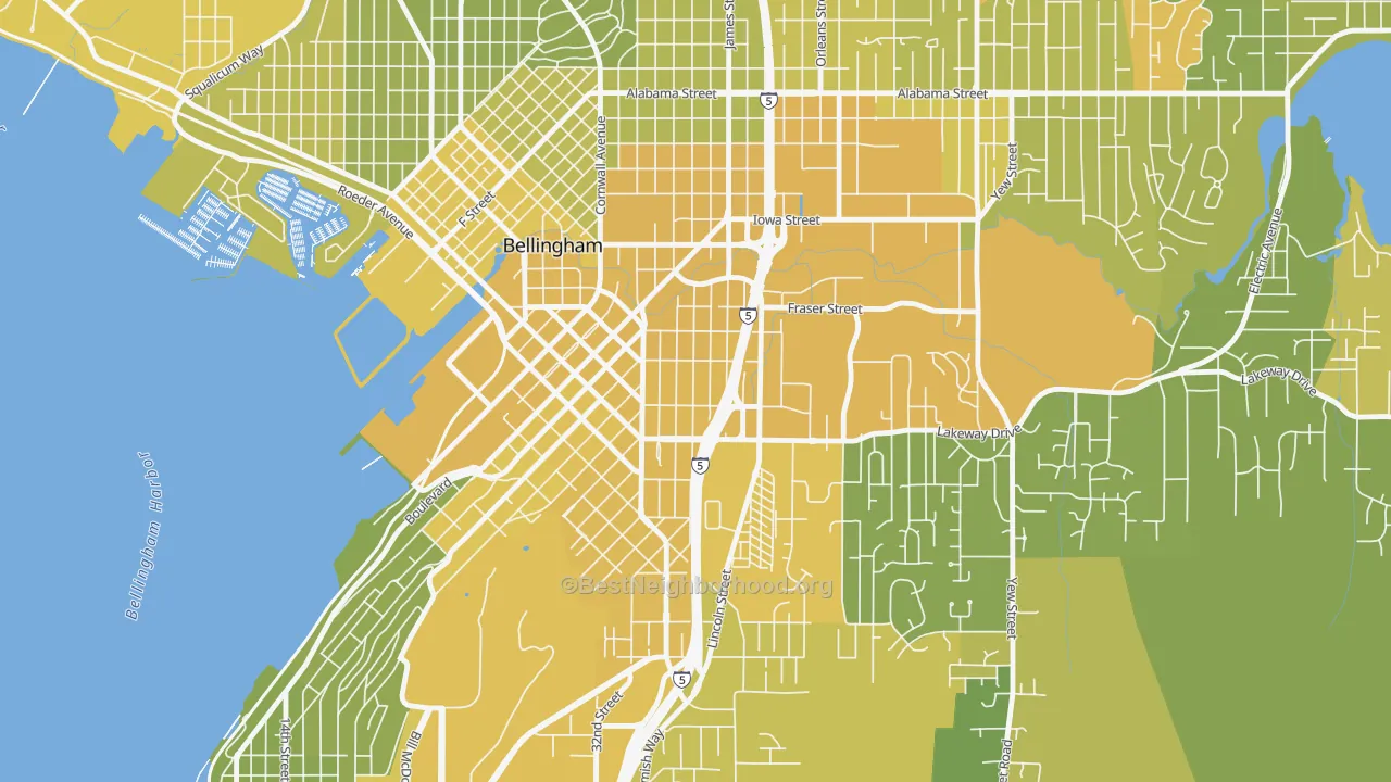 Map of the best neighborhoods in the York, Bellingham area, with better matches in green and worse matches in red