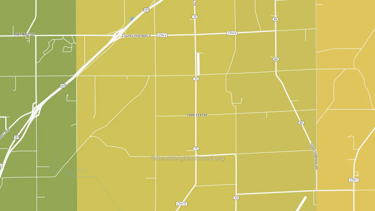 Map of the best neighborhoods in the York Center area, with better matches in green and worse matches in red