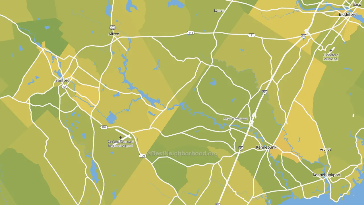 Map of the best neighborhoods in the York County area, with better matches in green and worse matches in red