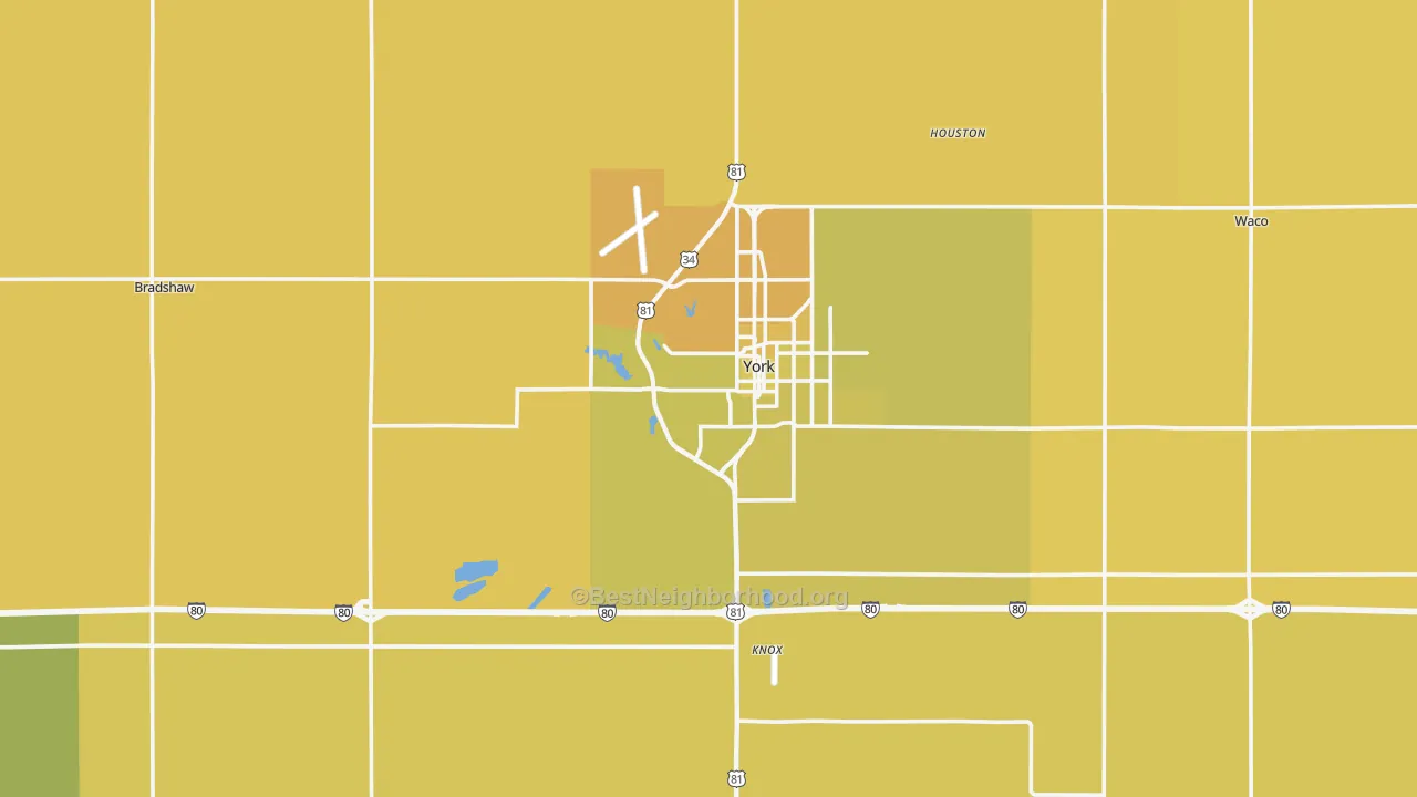 Map of the best neighborhoods in the York County area, with better matches in green and worse matches in red