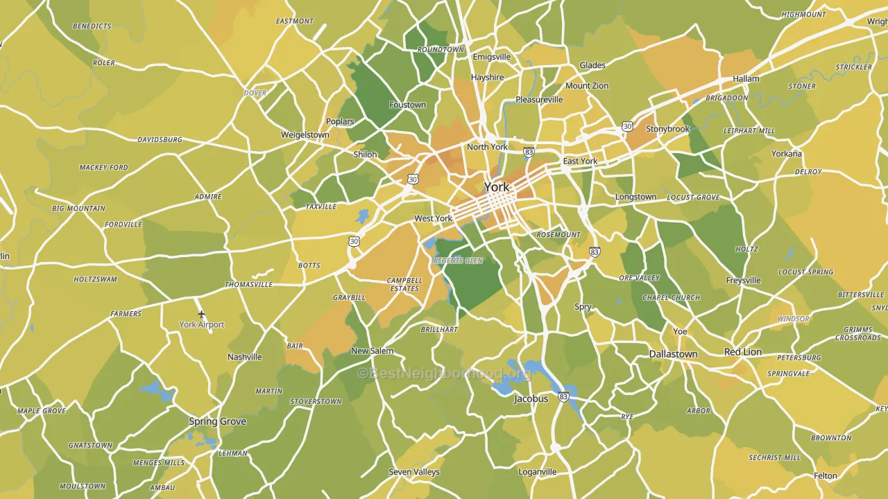 Map of the best neighborhoods in the York County area, with better matches in green and worse matches in red