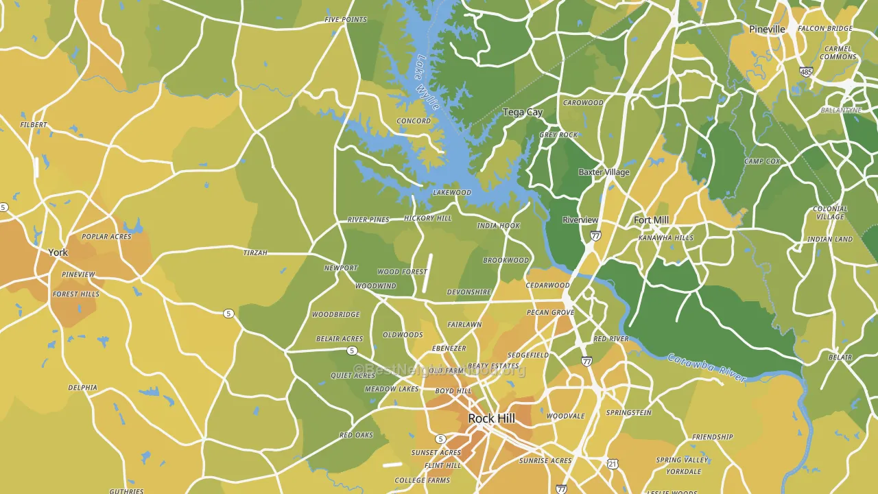 Map of the best neighborhoods in the York County area, with better matches in green and worse matches in red