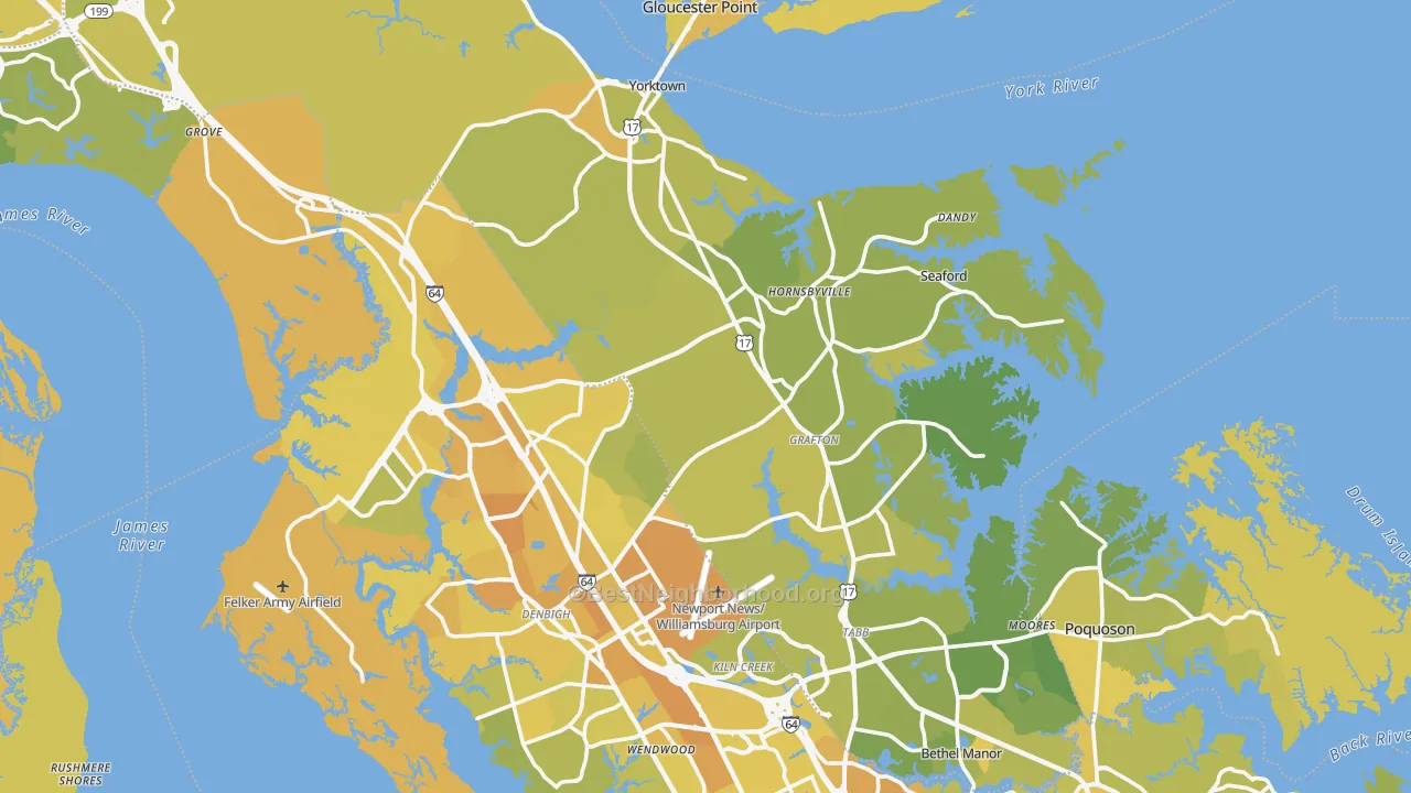 Map of the best neighborhoods in the York County area, with better matches in green and worse matches in red