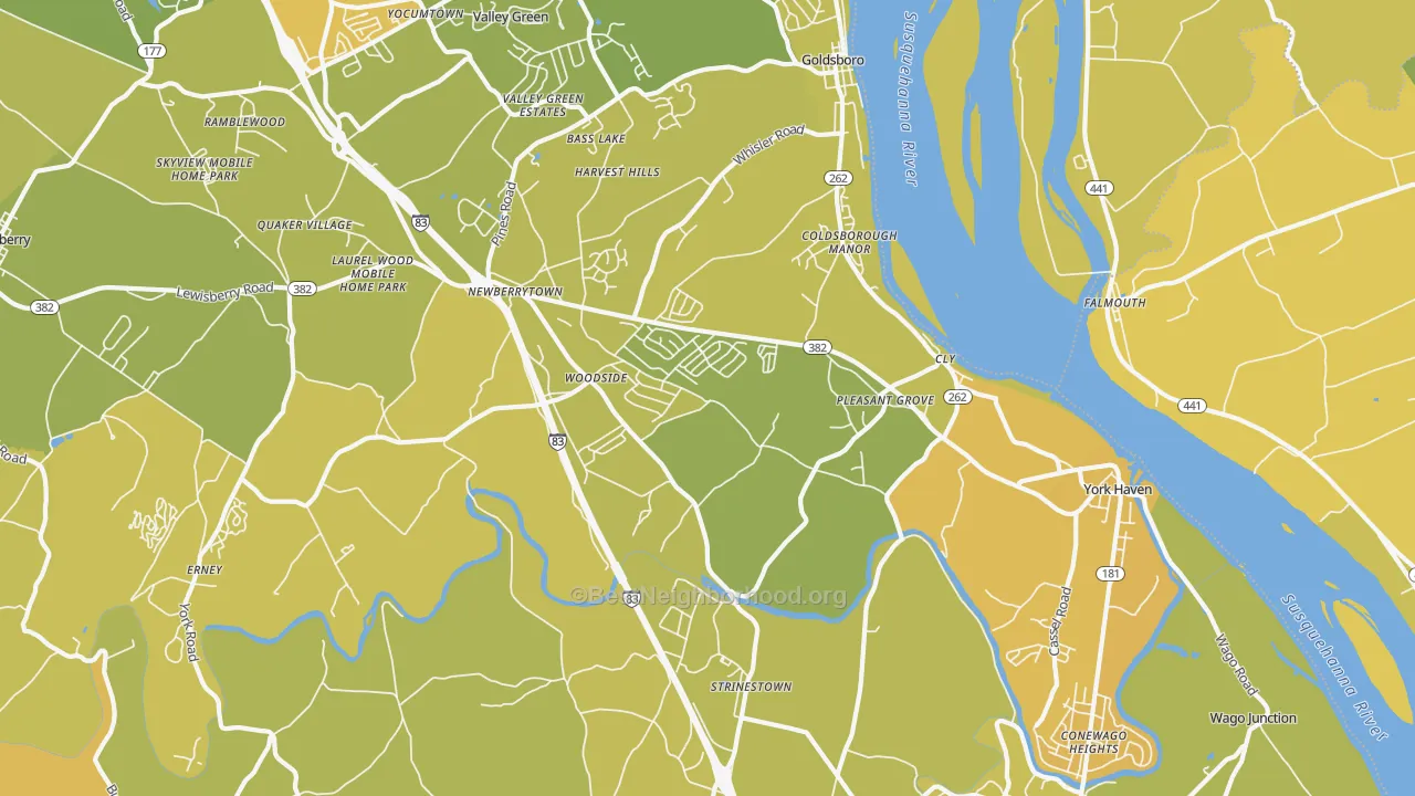 Map of the best neighborhoods in the York Haven area, with better matches in green and worse matches in red