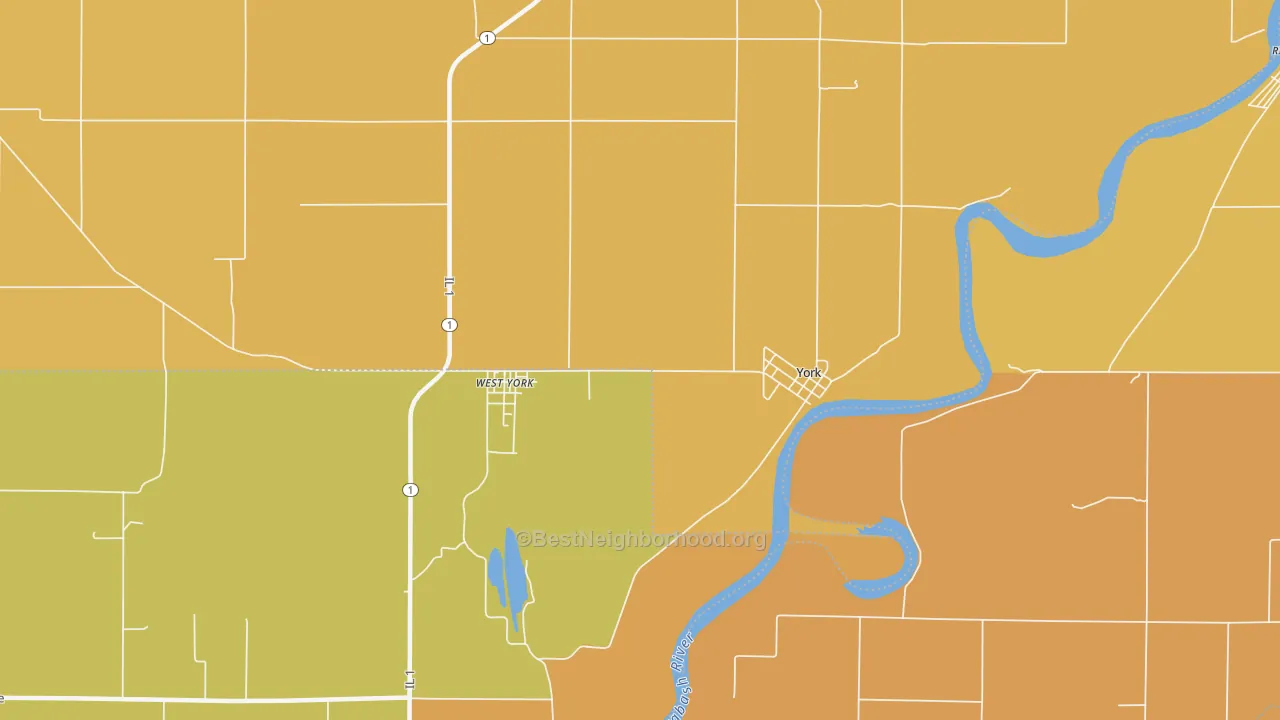 Map of the best neighborhoods in the York area, with better matches in green and worse matches in red