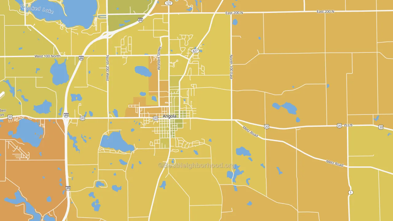 Map of the best neighborhoods in the York area, with better matches in green and worse matches in red