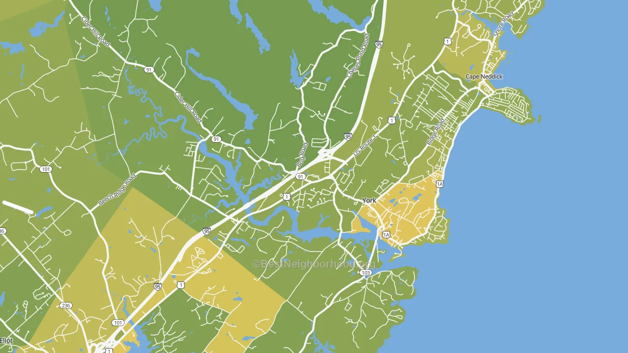 Map of the best neighborhoods in the York area, with better matches in green and worse matches in red