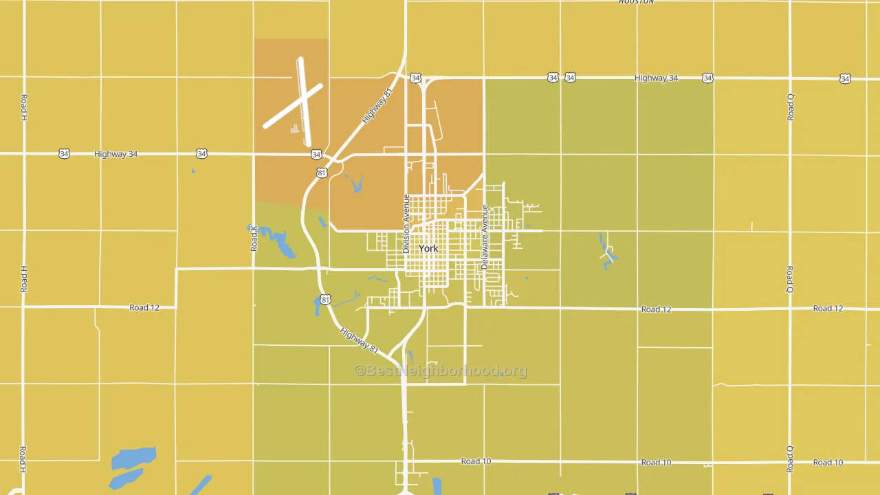 Map of the best neighborhoods in the York area, with better matches in green and worse matches in red