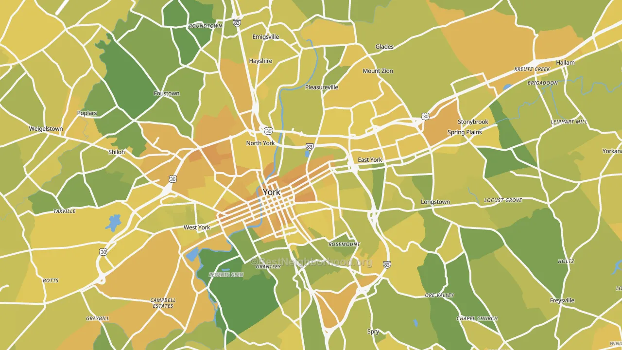 Map of the best neighborhoods in the York Metro area, with better matches in green and worse matches in red