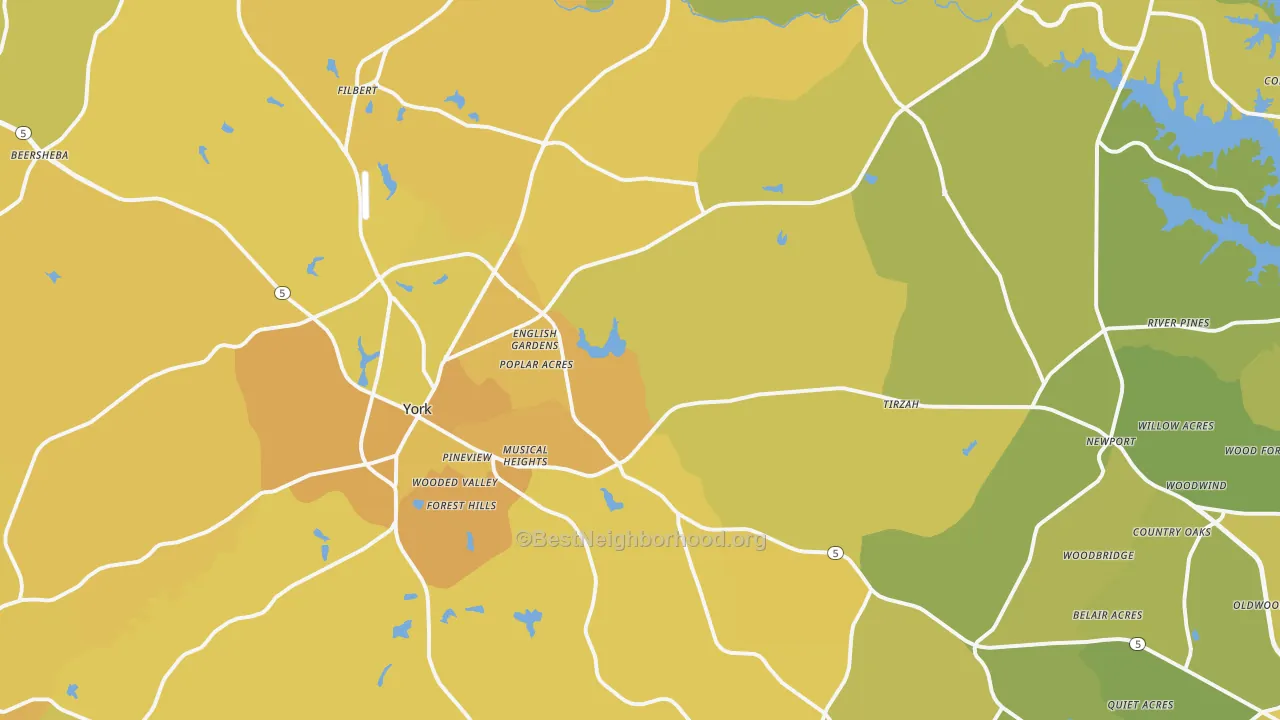 Map of the best neighborhoods in the York area, with better matches in green and worse matches in red