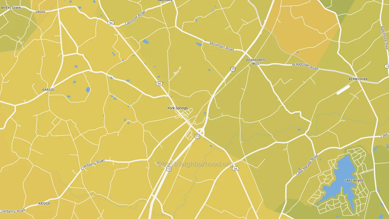 Map of the best neighborhoods in the York Springs area, with better matches in green and worse matches in red