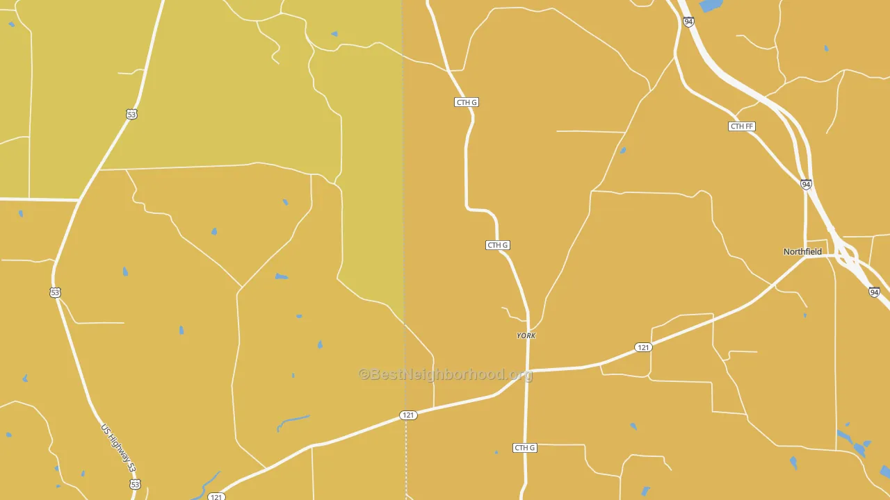 Map of the best neighborhoods in the York area, with better matches in green and worse matches in red