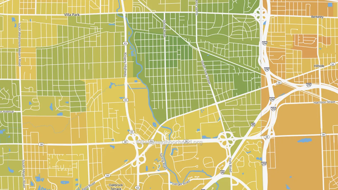 Map of the best neighborhoods in the Yorkfield, Elmhurst area, with better matches in green and worse matches in red