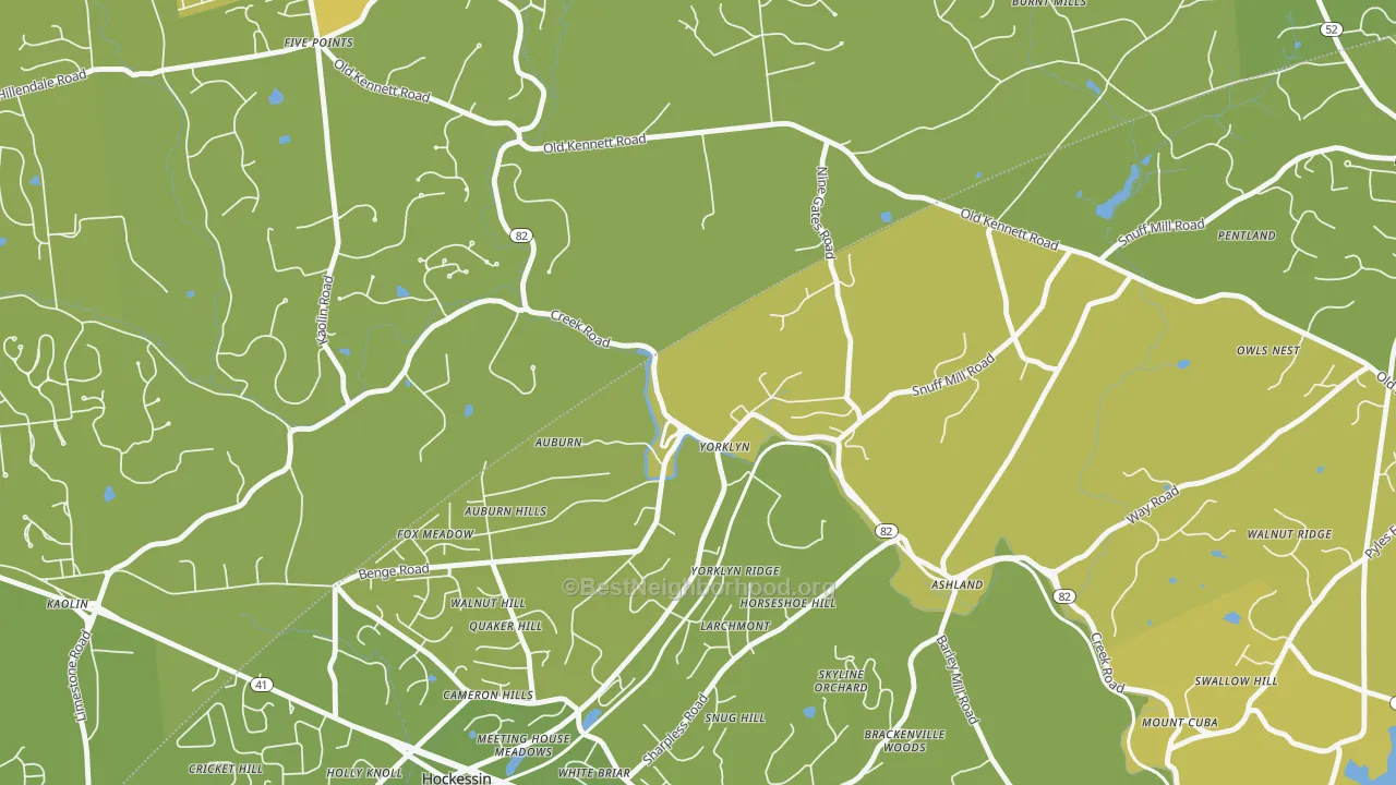 Map of the best neighborhoods in the Yorklyn area, with better matches in green and worse matches in red