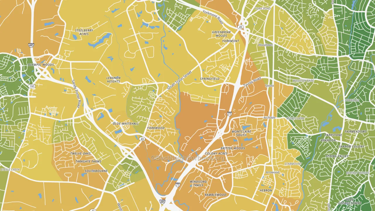 Map of the best neighborhoods in the Yorkmount, Charlotte area, with better matches in green and worse matches in red