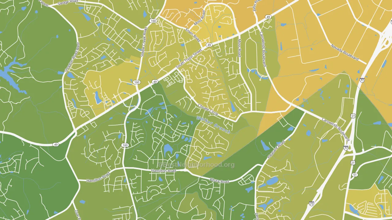 Map of the best neighborhoods in the Yorkshire, Charlotte area, with better matches in green and worse matches in red
