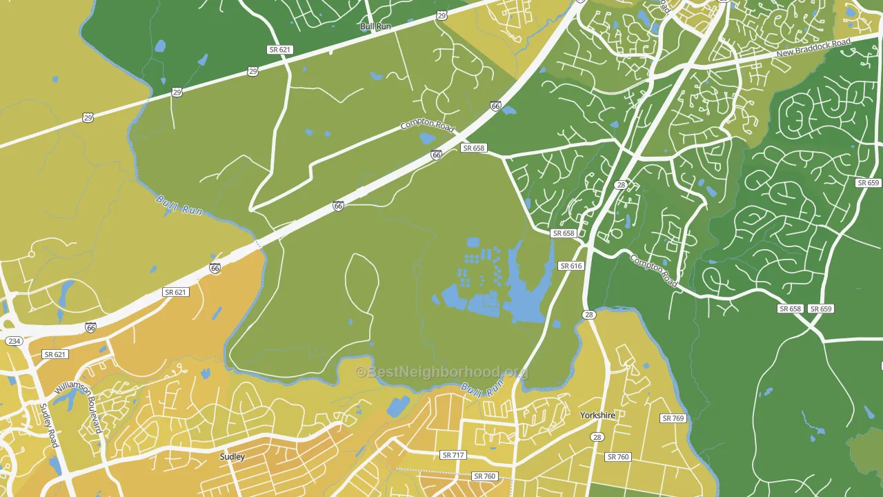 Map of the best neighborhoods in the Yorkshire Park area, with better matches in green and worse matches in red