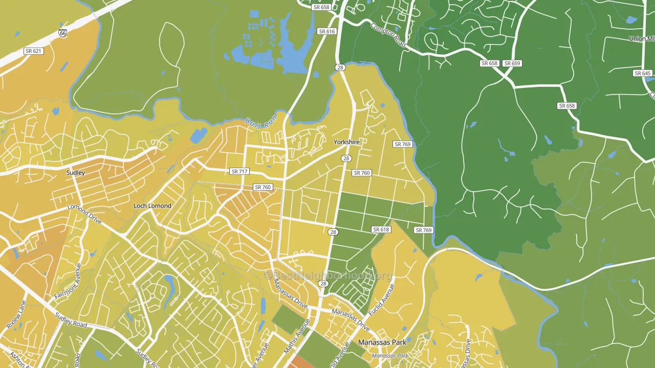 Map of the best neighborhoods in the Yorkshire area, with better matches in green and worse matches in red