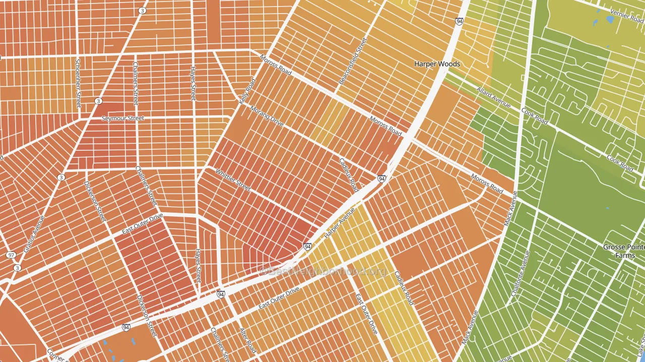 Map of the best neighborhoods in the Yorkshire Woods, Detroit area, with better matches in green and worse matches in red