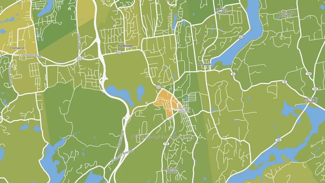 Map of the best neighborhoods in the Yorktown Heights area, with better matches in green and worse matches in red