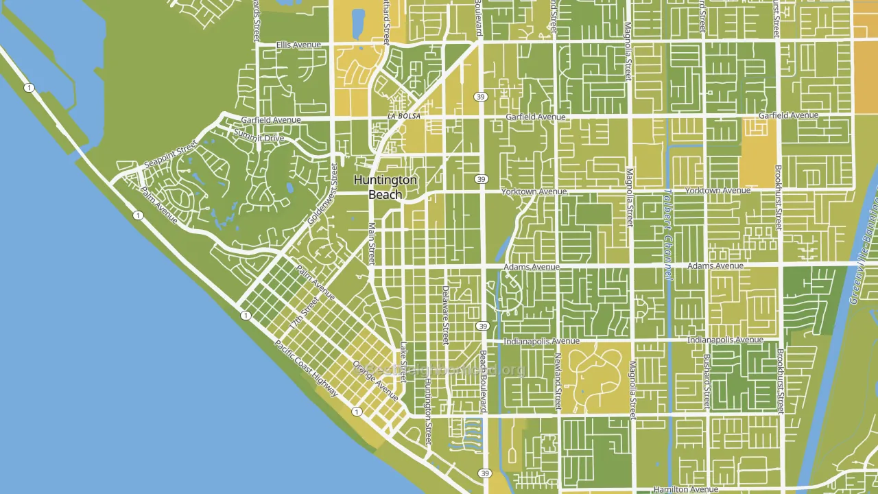 Map of the best neighborhoods in the Yorktown, Huntington Beach area, with better matches in green and worse matches in red