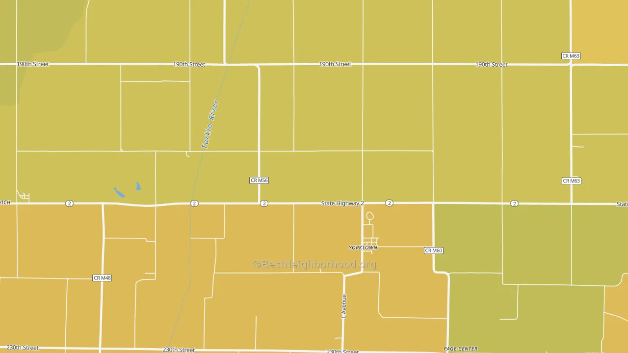 Map of the best neighborhoods in the Yorktown area, with better matches in green and worse matches in red