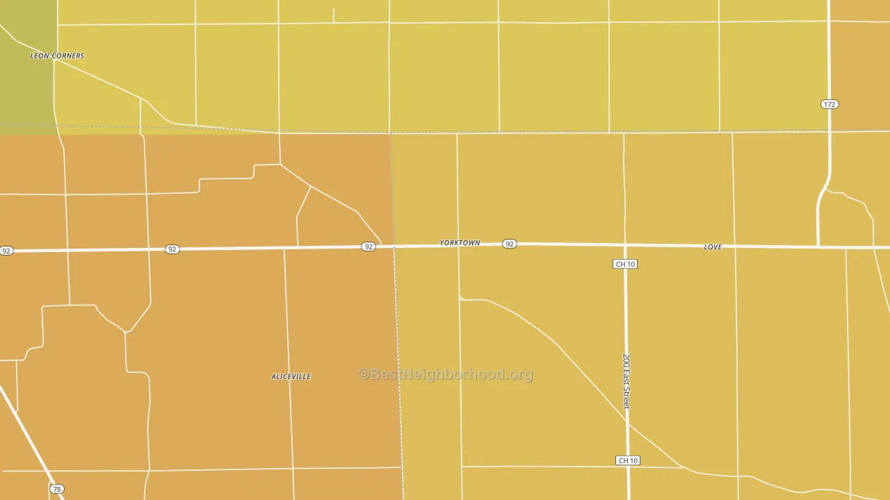 Map of the best neighborhoods in the Yorktown area, with better matches in green and worse matches in red