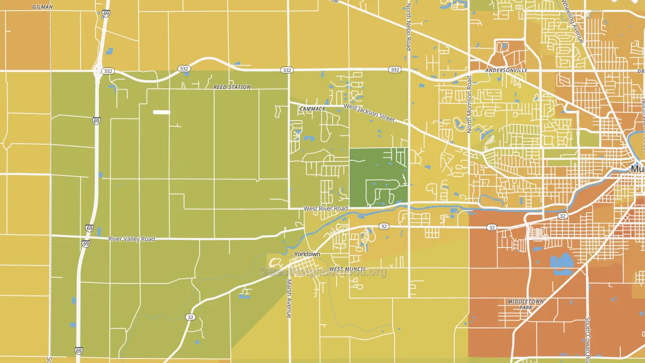 Map of the best neighborhoods in the Yorktown area, with better matches in green and worse matches in red