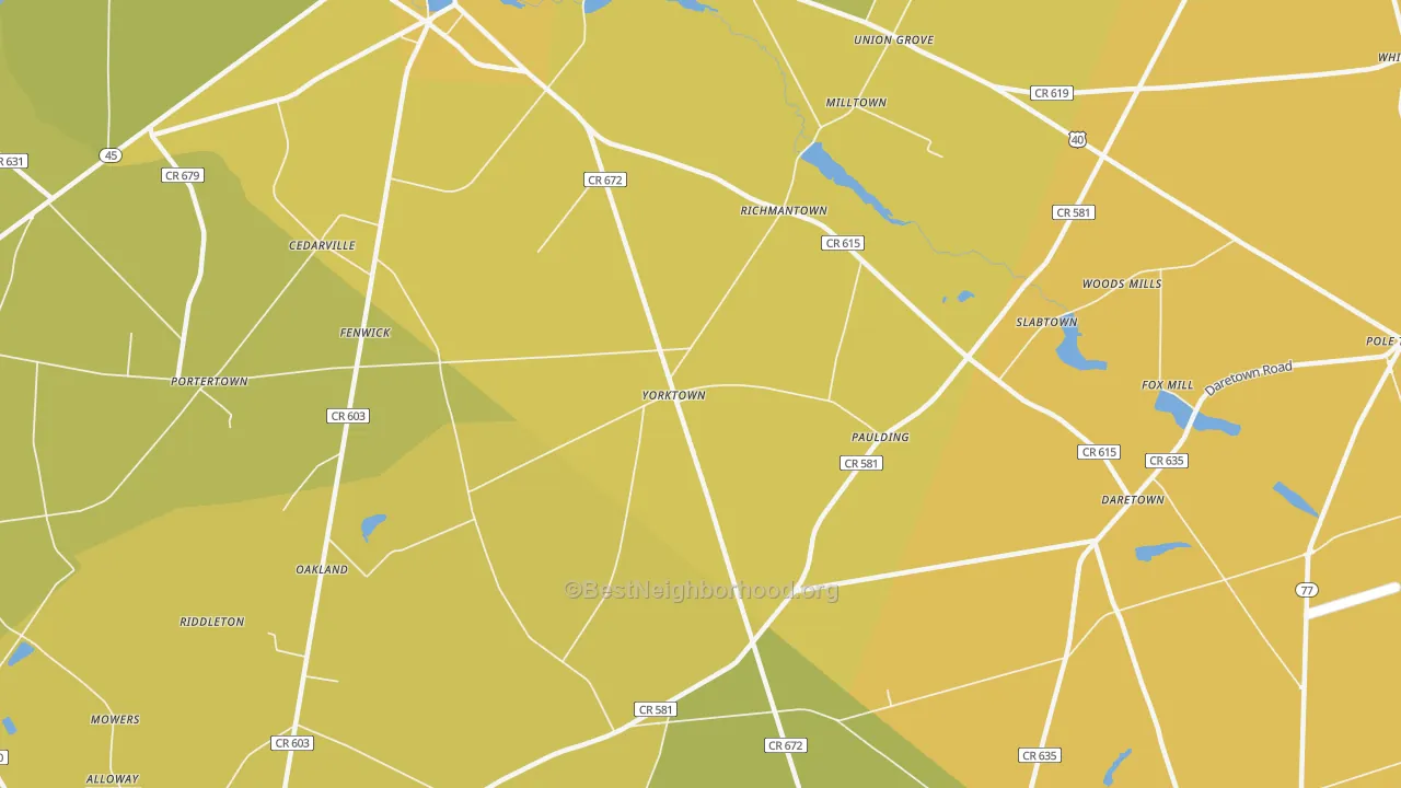 Map of the best neighborhoods in the Yorktown area, with better matches in green and worse matches in red