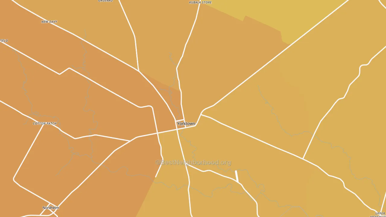 Map of the best neighborhoods in the Yorktown area, with better matches in green and worse matches in red
