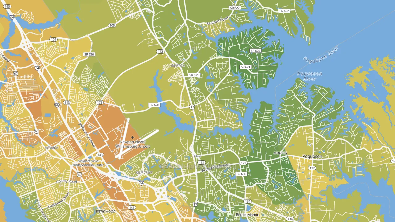 Map of the best neighborhoods in the Yorktown area, with better matches in green and worse matches in red